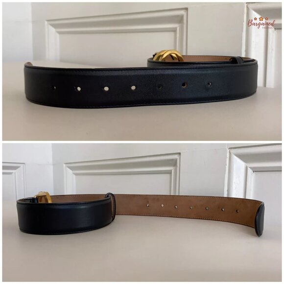 Authentic Gucci Black Calfskin Leather Gold Interlocking G Buckle Belt 80/32 - Picture 11 of 13